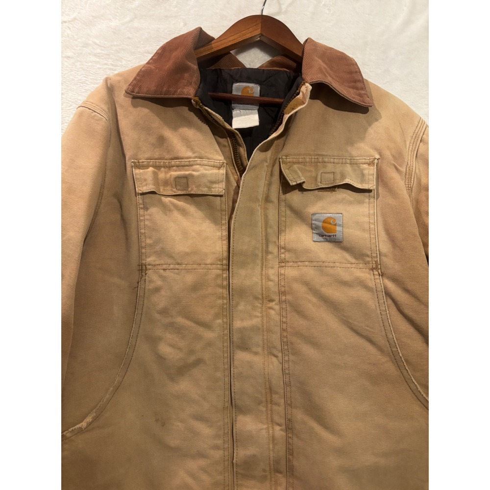 Vintage Carhartt Workwear Barn Coat Tan Quilted Lined Corduroy Thrashed Men's L